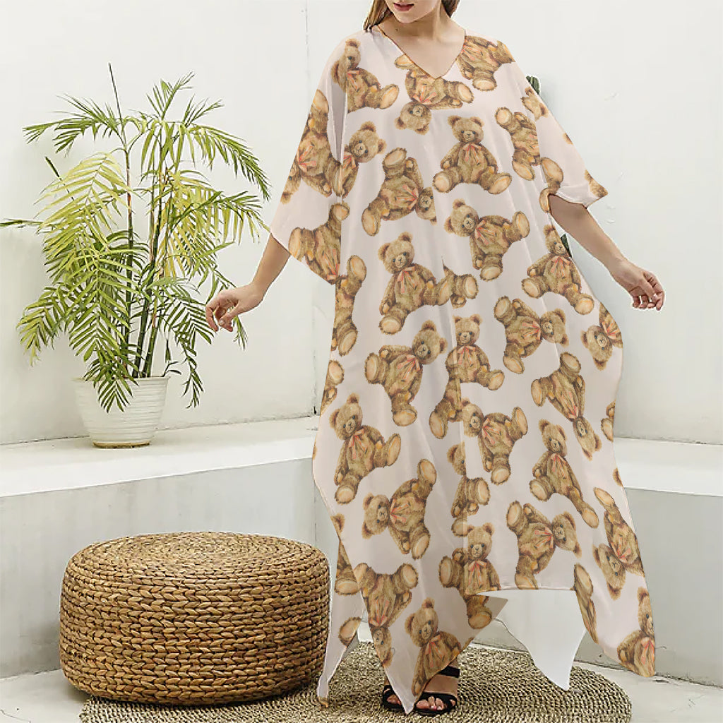 Watercolor Teddy Bear Pattern Print Silk V-Neck Kaftan Dress