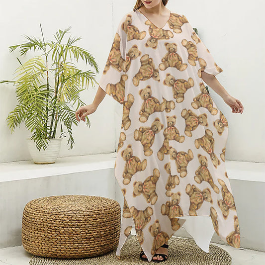 Watercolor Teddy Bear Pattern Print Silk V-Neck Kaftan Dress