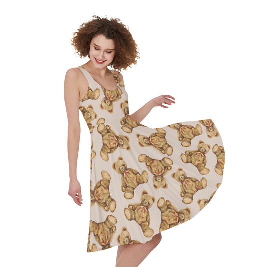 Watercolor Teddy Bear Pattern Print Women's Sleeveless Dress