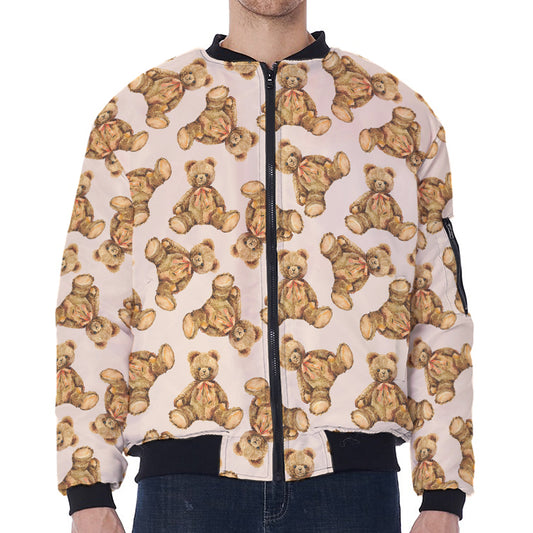 Watercolor Teddy Bear Pattern Print Zip Sleeve Bomber Jacket
