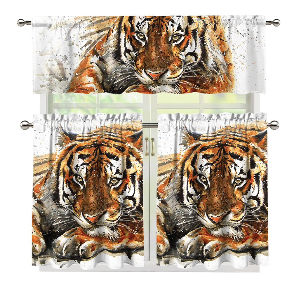 Watercolor Tiger Print 3 Piece Kitchen Curtains