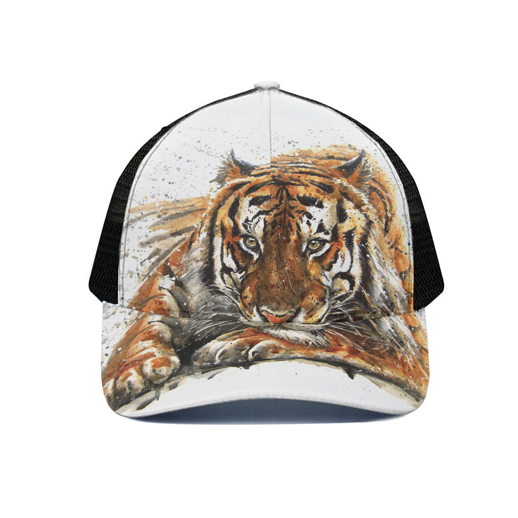 Watercolor Tiger Print Black Mesh Trucker Cap