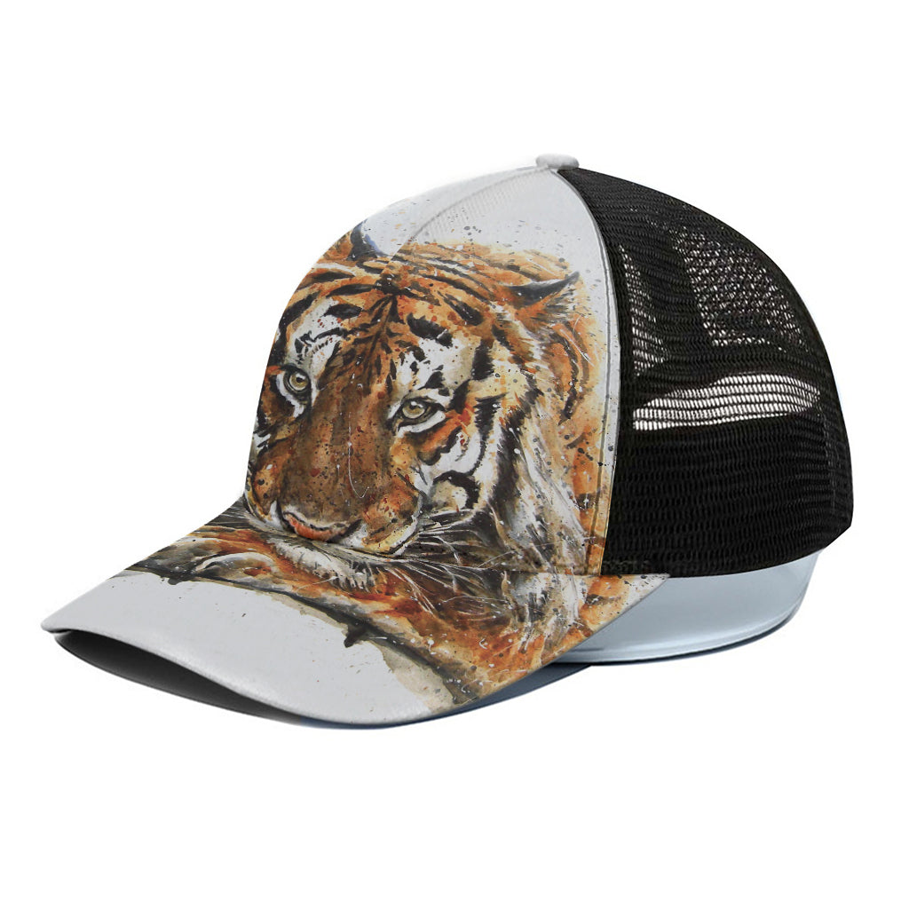 Watercolor Tiger Print Black Mesh Trucker Cap