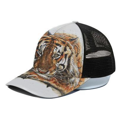Watercolor Tiger Print Black Mesh Trucker Cap