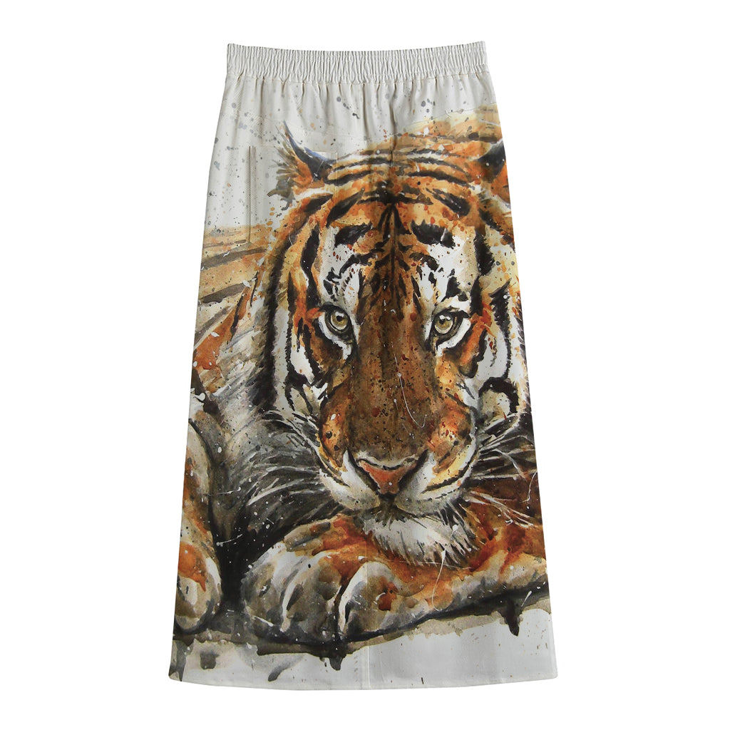 Watercolor Tiger Print Cotton Front Slit Maxi Skirt