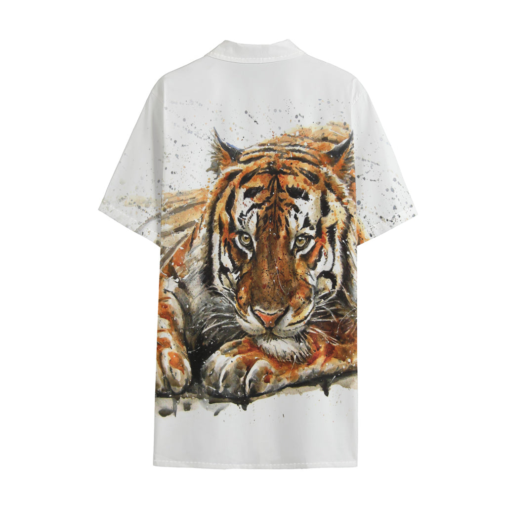Watercolor Tiger Print Cotton Hawaiian Shirt