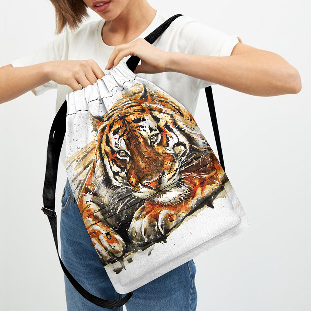 Watercolor Tiger Print Drawstring Backpack