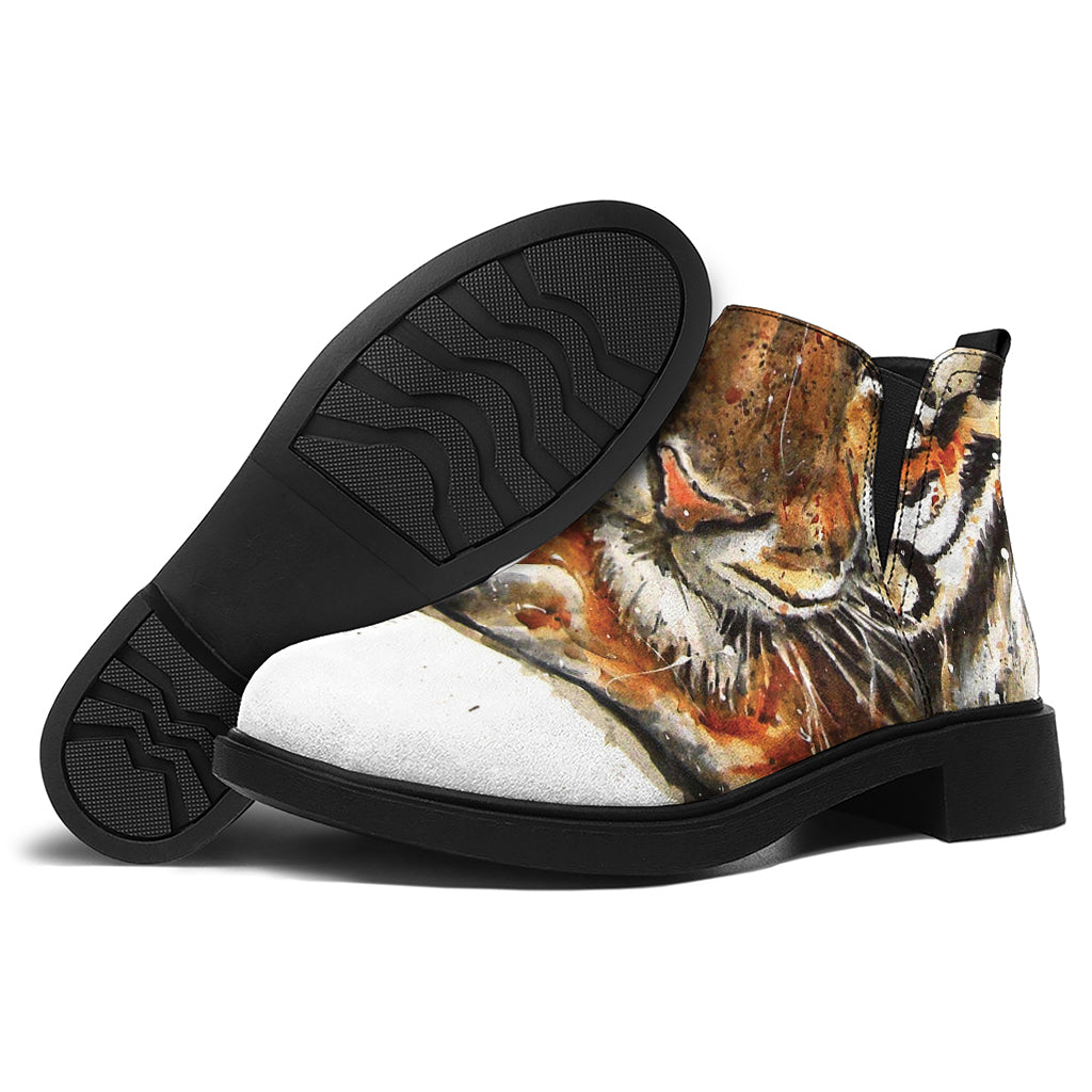 Watercolor Tiger Print Flat Ankle Boots