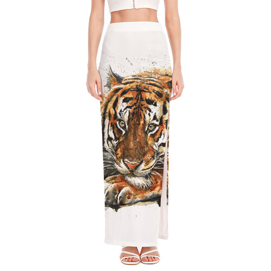 Watercolor Tiger Print High Slit Maxi Skirt