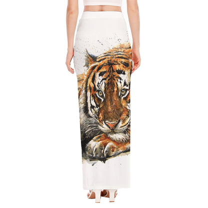 Watercolor Tiger Print High Slit Maxi Skirt