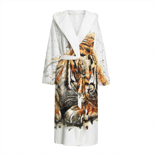 Watercolor Tiger Print Hooded Bathrobe