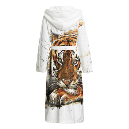 Watercolor Tiger Print Hooded Bathrobe
