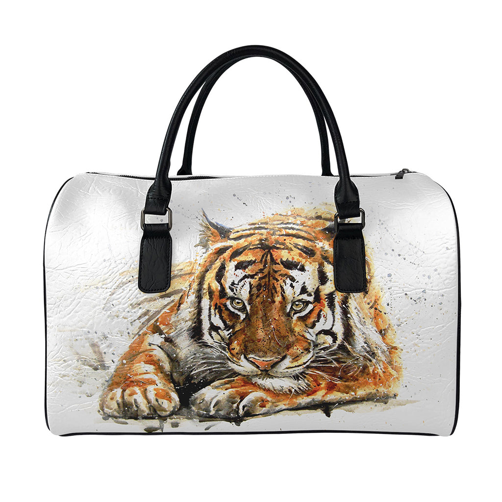Watercolor Tiger Print Leather Duffle Bag
