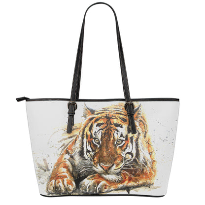 Watercolor Tiger Print Leather Tote Bag