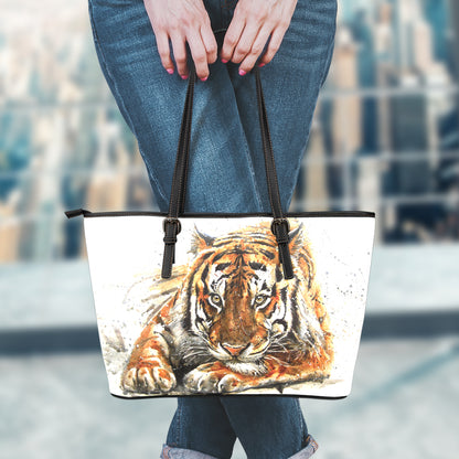 Watercolor Tiger Print Leather Tote Bag