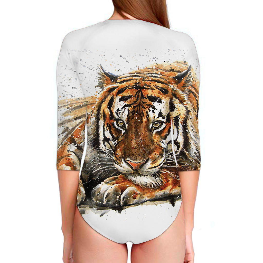 Watercolor Tiger Print Long Sleeve Swimsuit