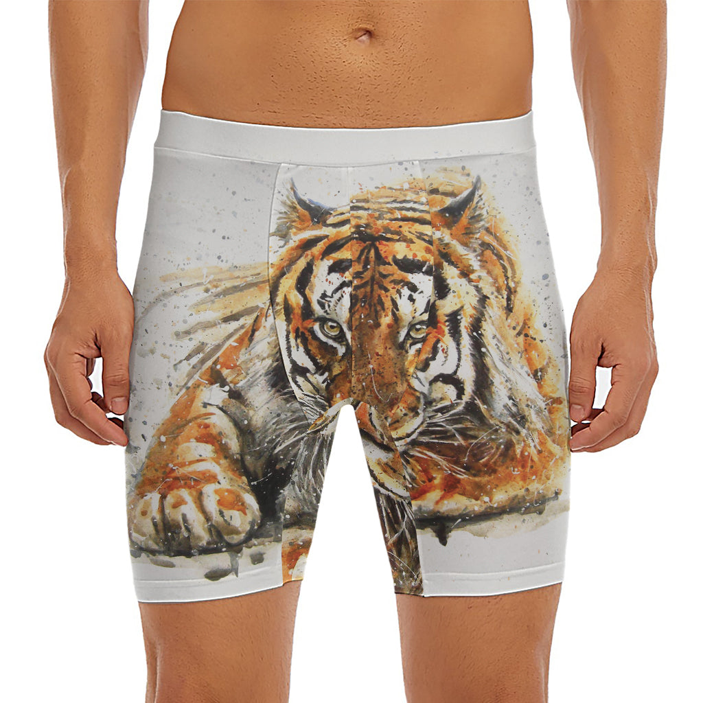 Watercolor Tiger Print Men's Long Boxer Briefs