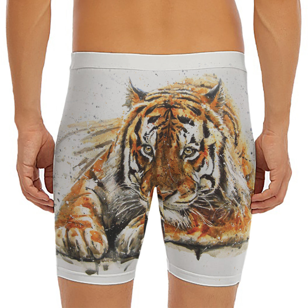 Watercolor Tiger Print Men's Long Boxer Briefs
