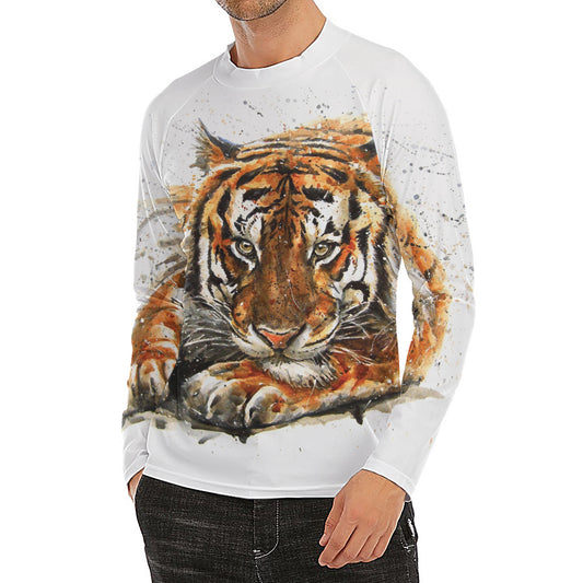 Watercolor Tiger Print Men's Long Sleeve Rash Guard