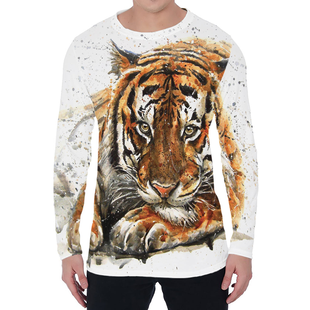 Watercolor Tiger Print Men's Long Sleeve T-Shirt