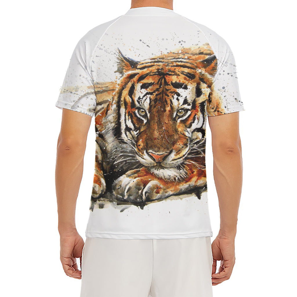 Watercolor Tiger Print Men's Short Sleeve Rash Guard