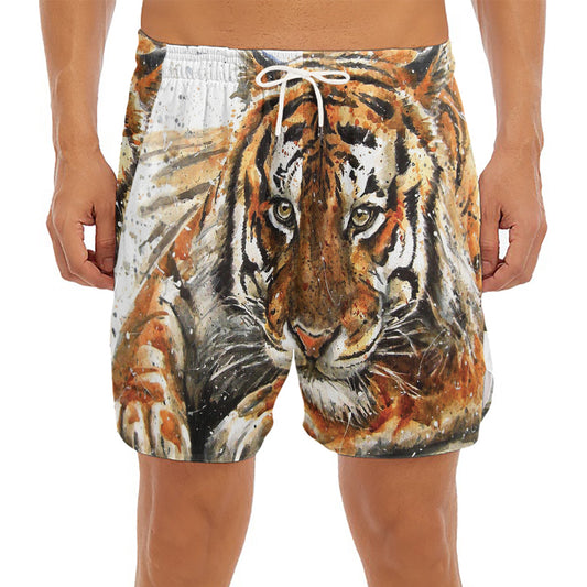 Watercolor Tiger Print Men's Split Running Shorts