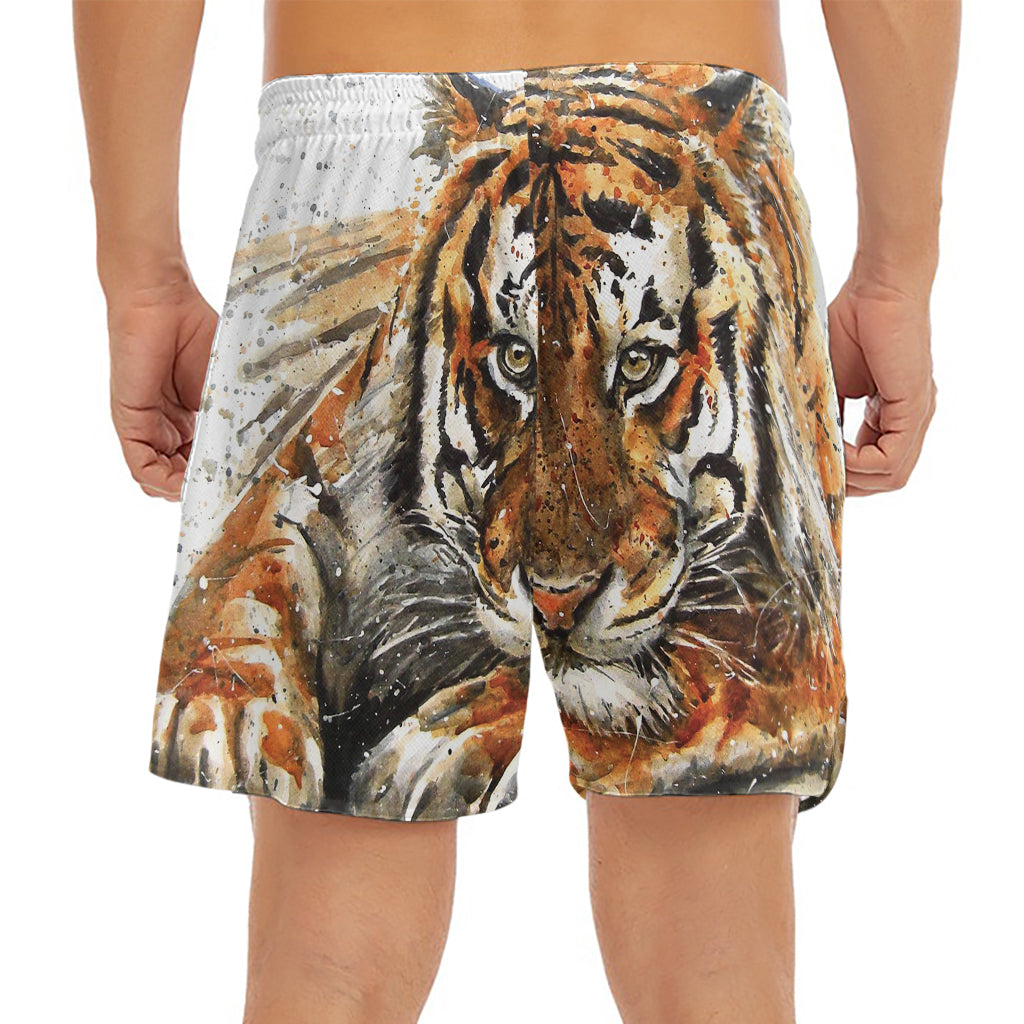 Watercolor Tiger Print Men's Split Running Shorts