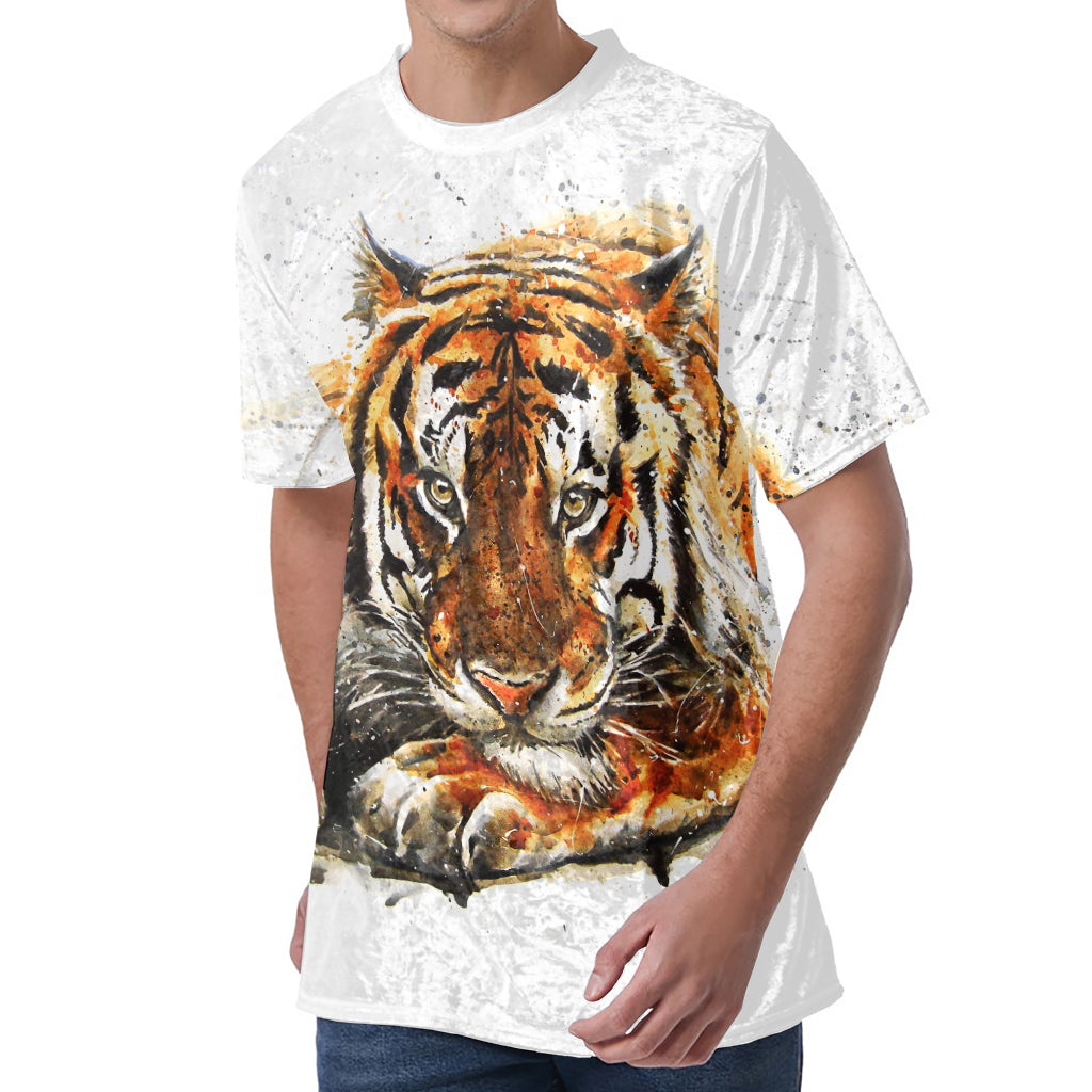 Watercolor Tiger Print Men's Velvet T-Shirt