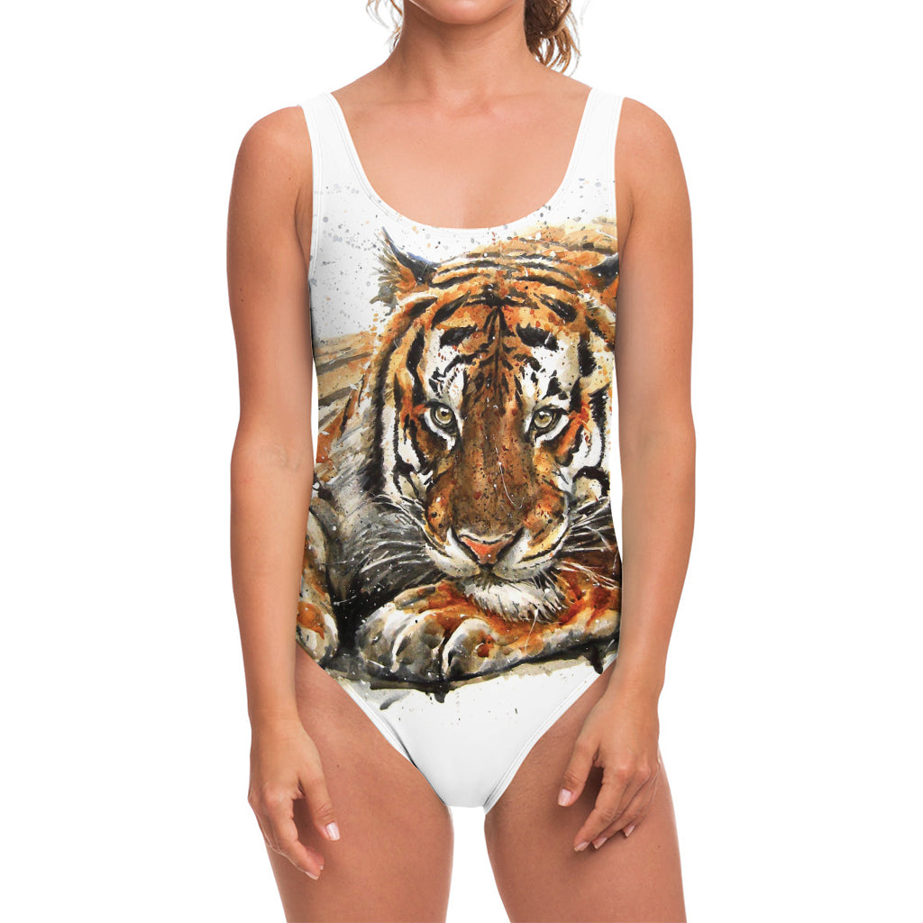 Watercolor Tiger Print One Piece Swimsuit