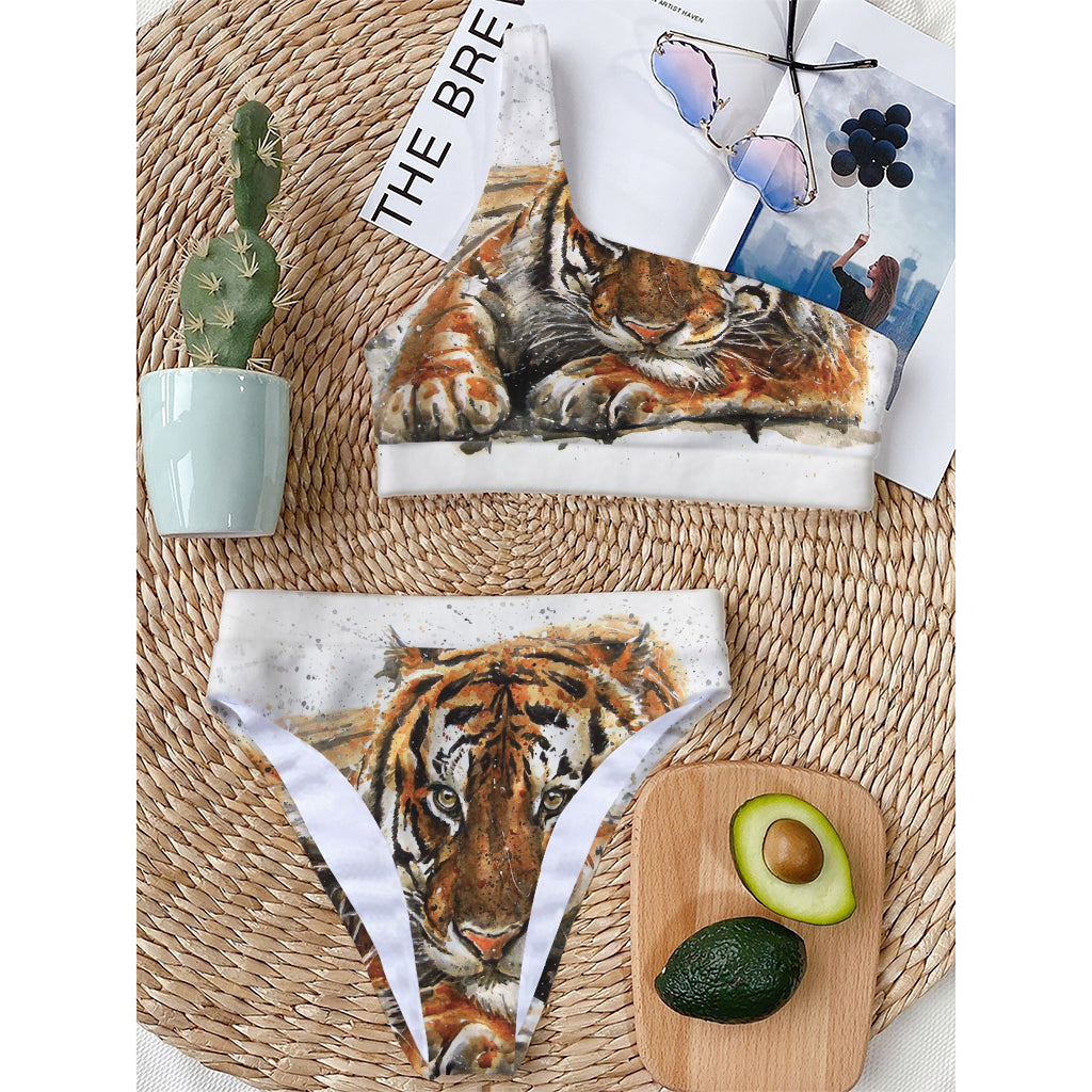 Watercolor Tiger Print One Shoulder Bikini Top
