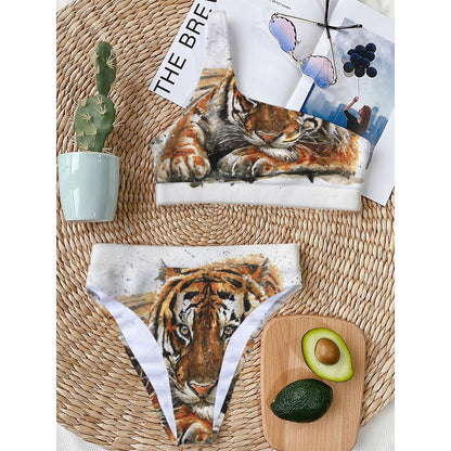 Watercolor Tiger Print One Shoulder Bikini Top