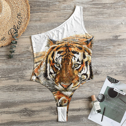 Watercolor Tiger Print One Shoulder Bodysuit