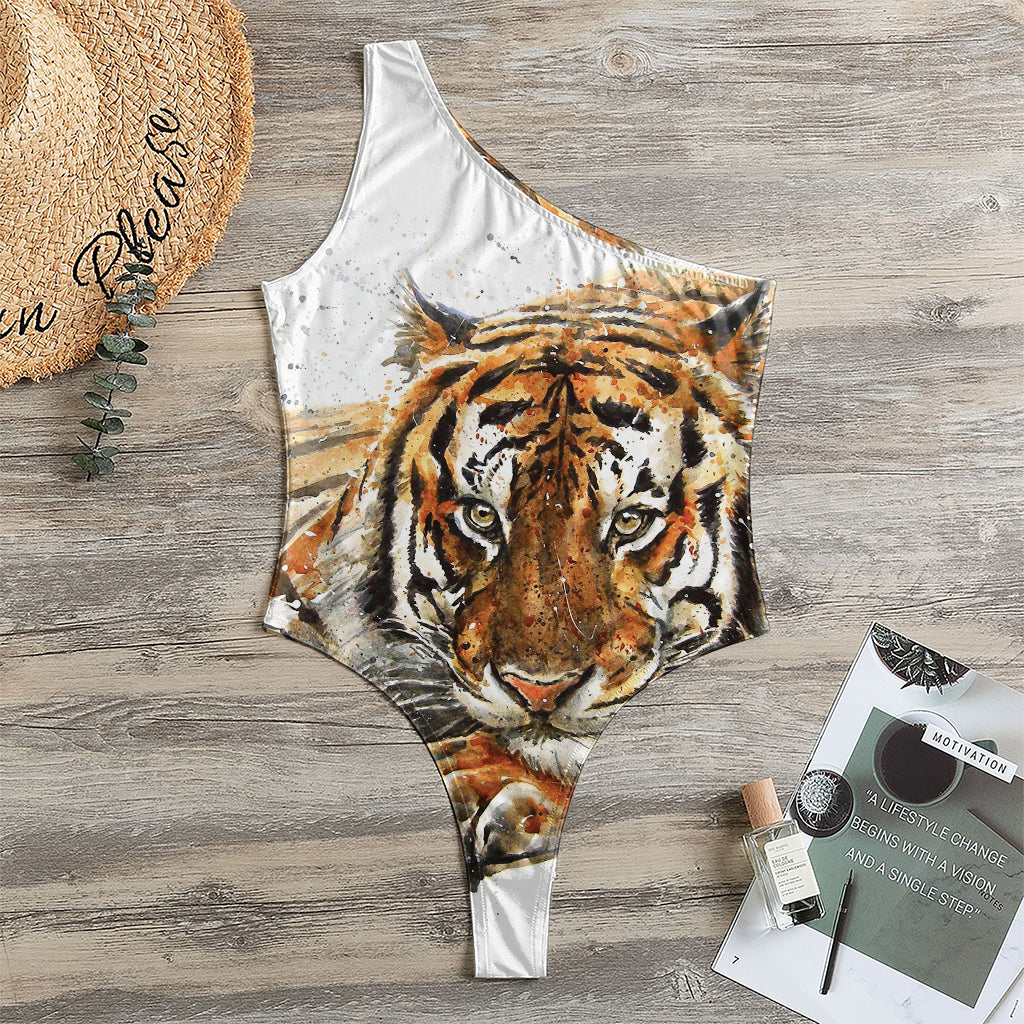 Watercolor Tiger Print One Shoulder Bodysuit