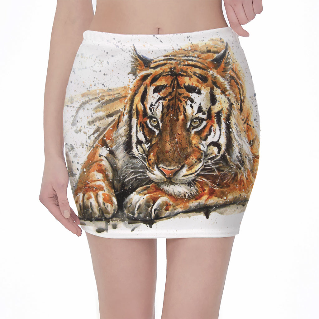 Watercolor Tiger Print Pencil Mini Skirt