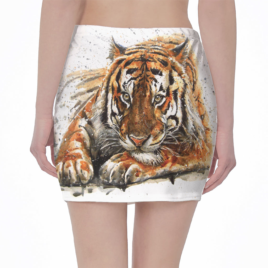 Watercolor Tiger Print Pencil Mini Skirt