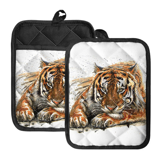 Watercolor Tiger Print Pot Holders With Pocket