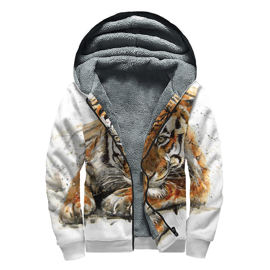 Watercolor Tiger Print Sherpa Lined Zip Up Hoodie