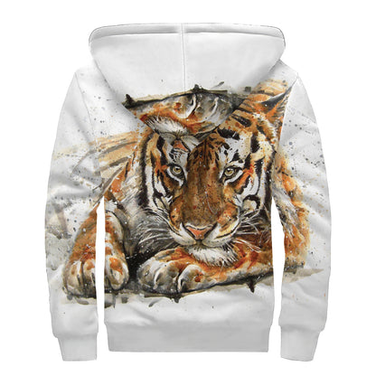 Watercolor Tiger Print Sherpa Lined Zip Up Hoodie