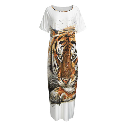 Watercolor Tiger Print Short Sleeve Long Nightdress
