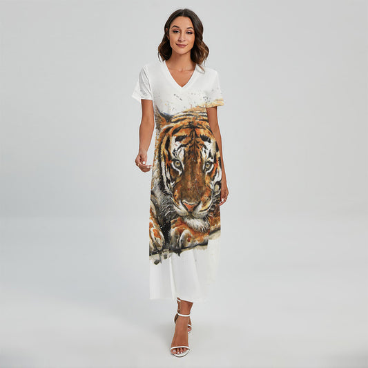 Watercolor Tiger Print Short Sleeve Maxi Dress