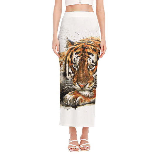 Watercolor Tiger Print Side Slit Maxi Skirt