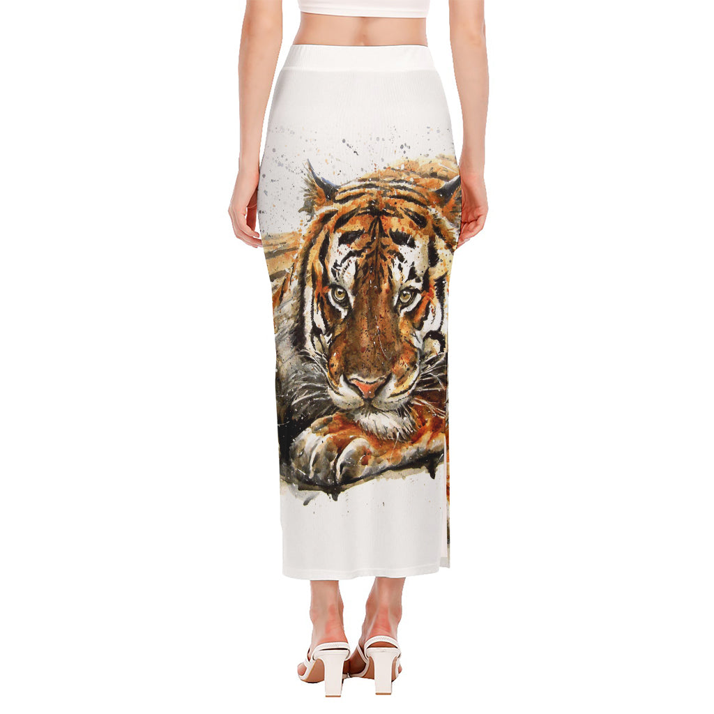 Watercolor Tiger Print Side Slit Maxi Skirt