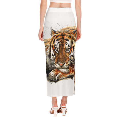 Watercolor Tiger Print Side Slit Maxi Skirt