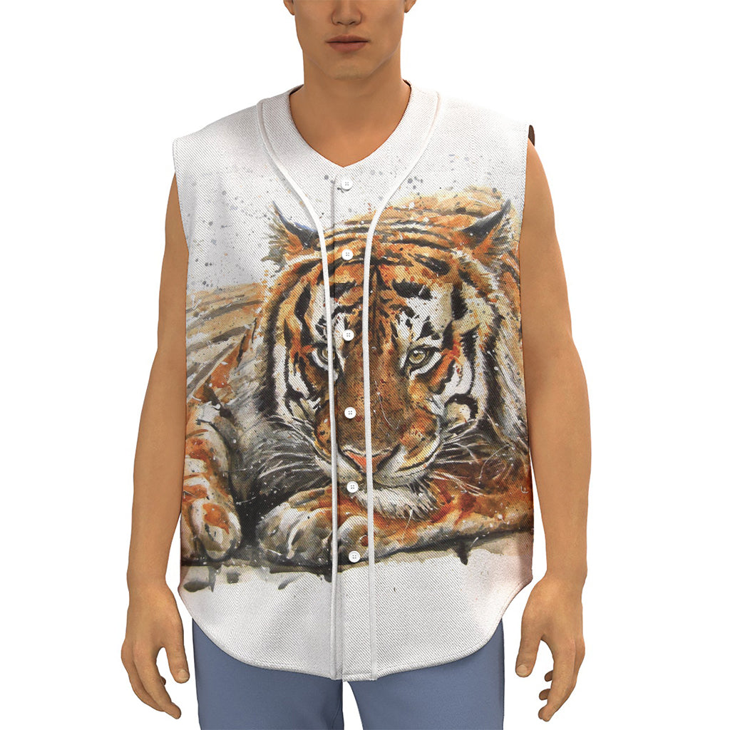 Watercolor Tiger Print Sleeveless Baseball Jersey