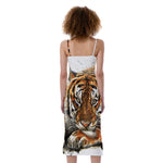 Watercolor Tiger Print Slim Fit Midi Cami Dress