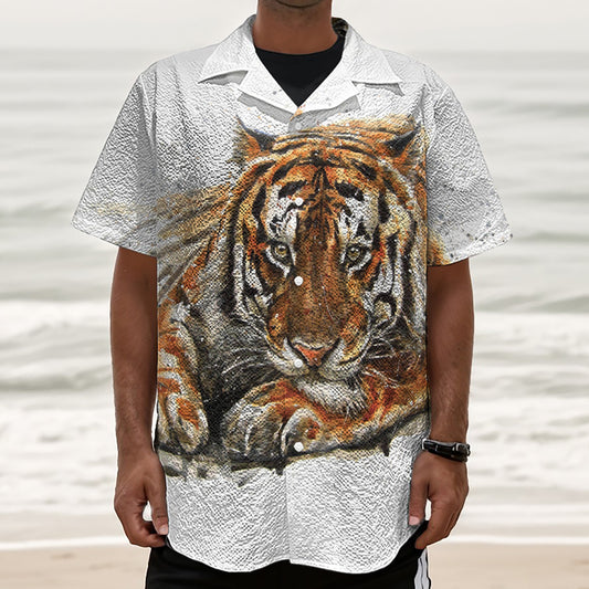 Watercolor Tiger Print Textured Short Sleeve Shirt