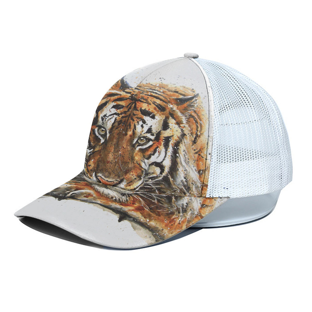 Watercolor Tiger Print White Mesh Trucker Cap