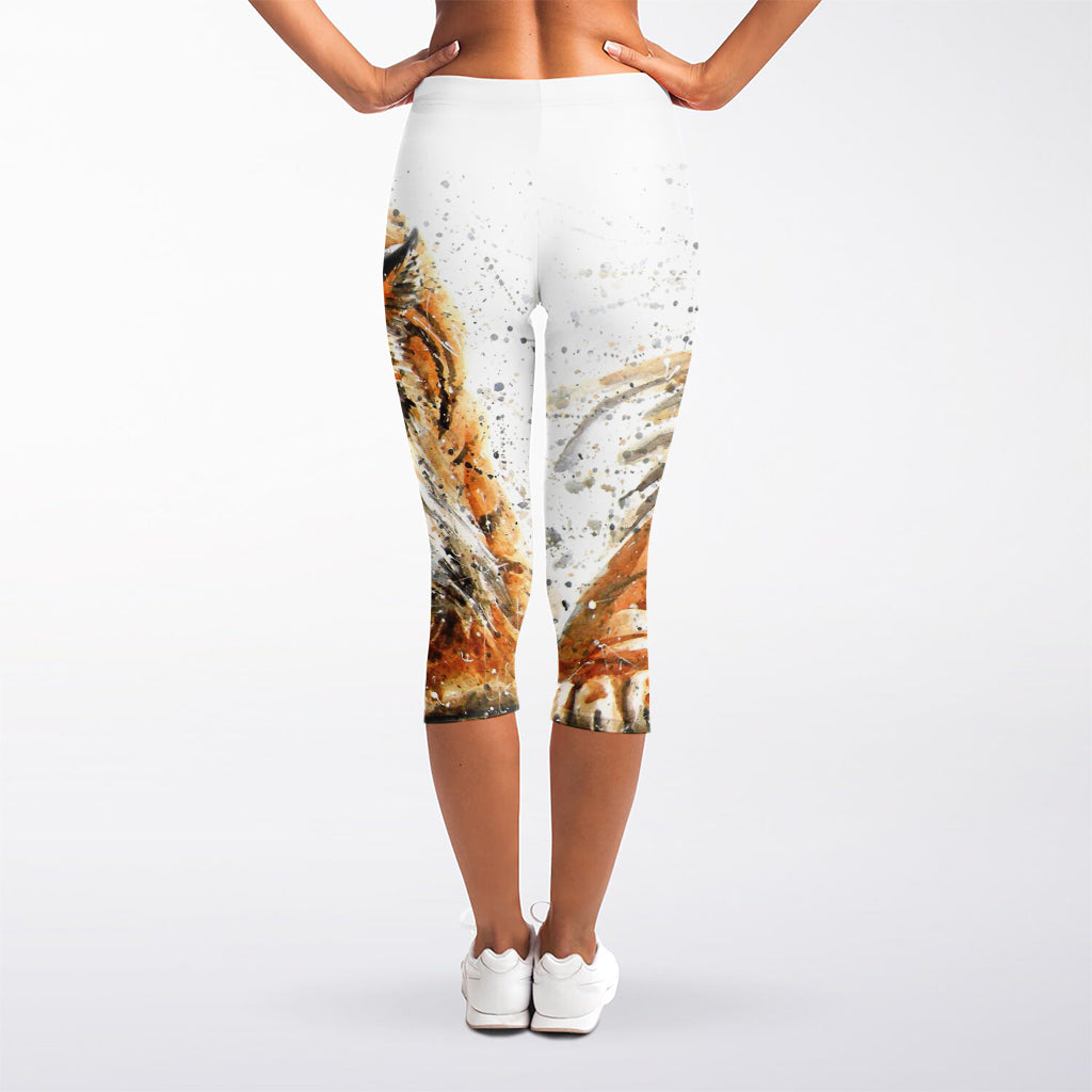 Watercolor Tiger Print Women's Capri Leggings