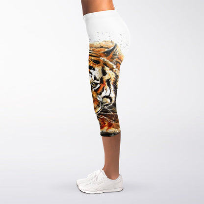 Watercolor Tiger Print Women's Capri Leggings