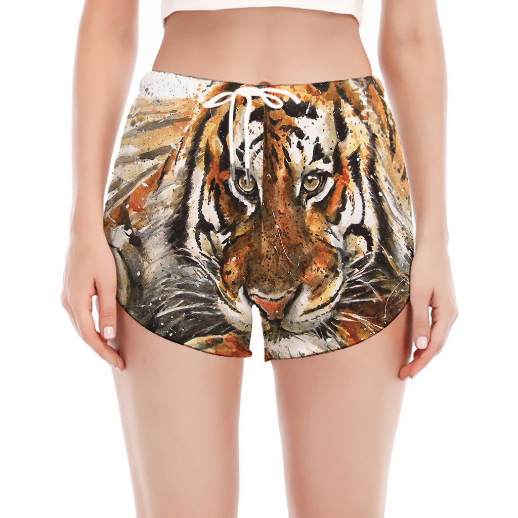 Watercolor Tiger Print Women's Split Running Shorts